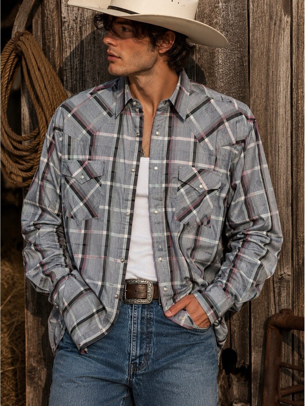 Western Pearl Snap Plaid Shirt Ranchwear Cowboy Core Large